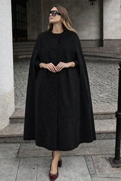 comstar Ženska crna pončo bez rukava, opuštenog kroja Kašmir tkanina