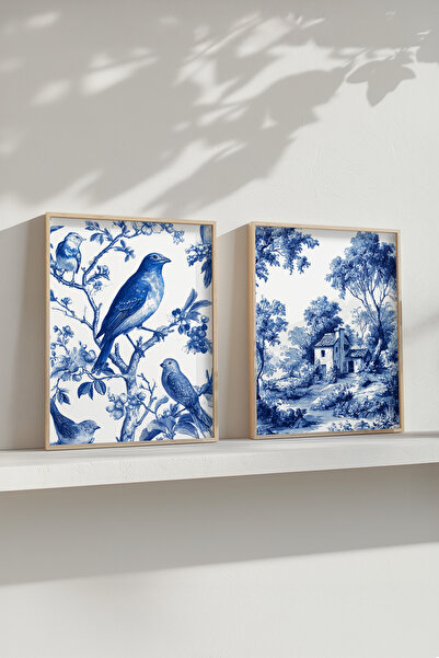 STARYUNA Wooden Framed Double Painting Set with Blue Bird and Village View Yu...