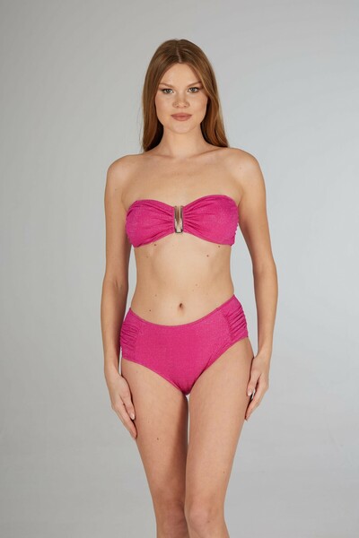 Estiva Women's Shiny Fuchsia High Waist Strapless Bikini Set with Britli Acce...