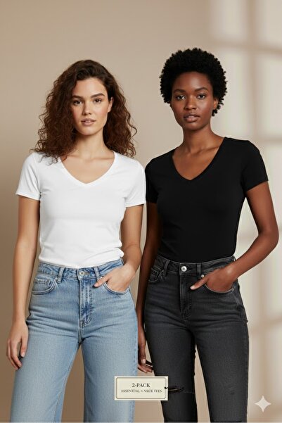 Maison La Femme Set de 2 piese pentru femei, cu decolteu în V, basic cu mânec...