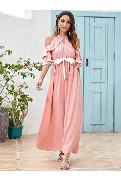 FridayIn Female Sweet High collar Color contrast Basic fitness Long dress