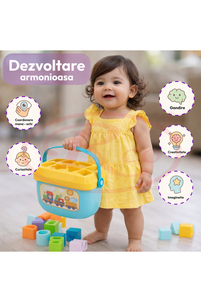 RCO Cutie sortator cu forme geometrice si litere Baby First Blocks invatare prin joaca,16 piese colorate