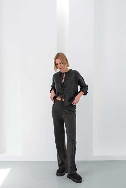 Sea Style Anthracite Tie-Detail Knitwear Cardigan and High-Waisted Wide-Leg P...