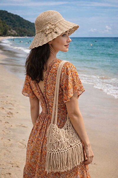 Modazon Çiçek Desen Örgülü Hasır Kadın Şapka