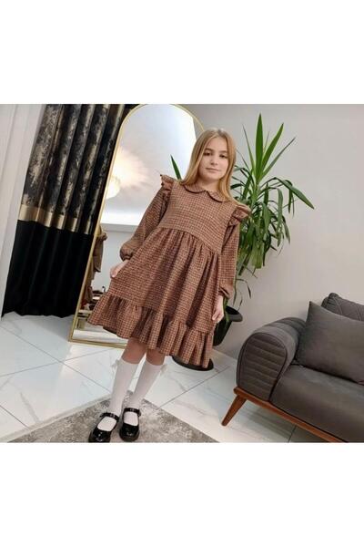 Zelhankids Prenses kesim Bebe Yaka Fırfırlı. Ekoseli Kız Çocuk Elbise