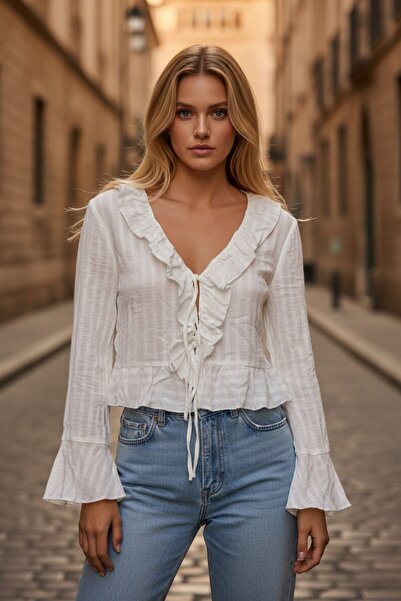 Lupinn Women's White 100% Cotton Regular Fit Textured Front Tie-Detail Ruffle...