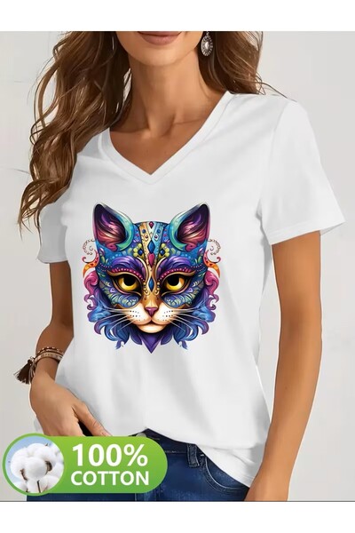 yombaa Women's Casual V-Neck T-Shirt |   Colorful Cat Printed