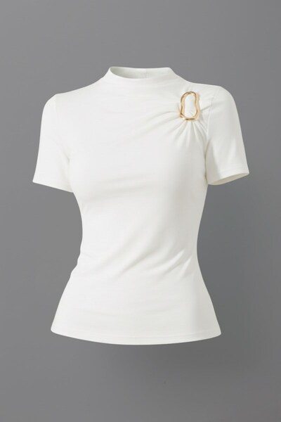 Potenza Women's T-Shirt Short Sleeve Gold Buckle Detail Ruched Half Turtlenec...