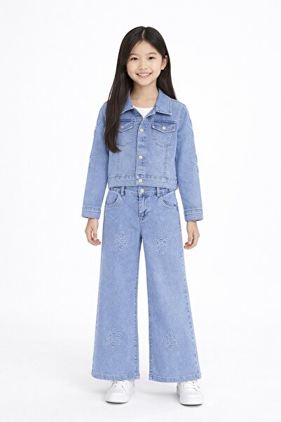 Cansın Mini Blue Floral Embroidered Jean Jacket and Trousers Girls' 2-Piece S...