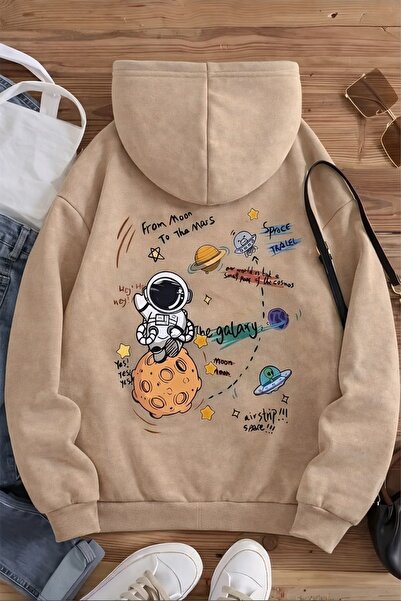 MARKATEM Kapsonlu Kangoru Pocket 3Iplik Cotton Planets Print Sweatshirt
