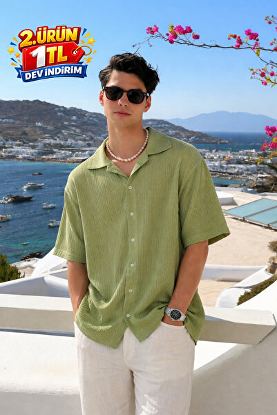 DAMGA JEANS Men's Summer Short-Sleeved Green Linen Shirt