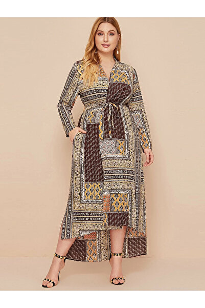 FridayIn Casual V-neck Printing Belt Regular sleeve Plus Size Dresses