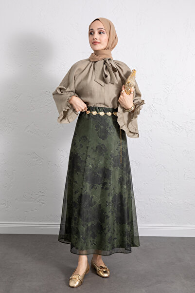 Salih Çelebi Printed Chiffon Skirt 261128 - Khaki