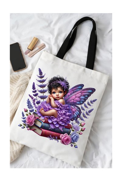OEM Geantă Tote Bag Albă 40x36 cm – Zână cu Flori de Lavanda