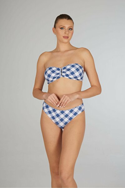 Estiva Women's Checked Blue Buckled Strapless Bikini Set