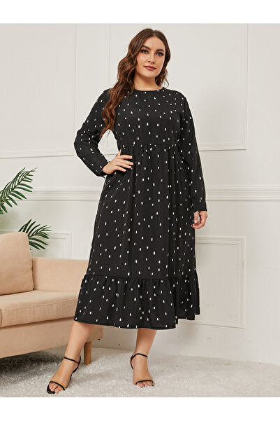 FridayIn Sweet Round neck Dots Splicing Regular sleeve Plus Size Dresses
