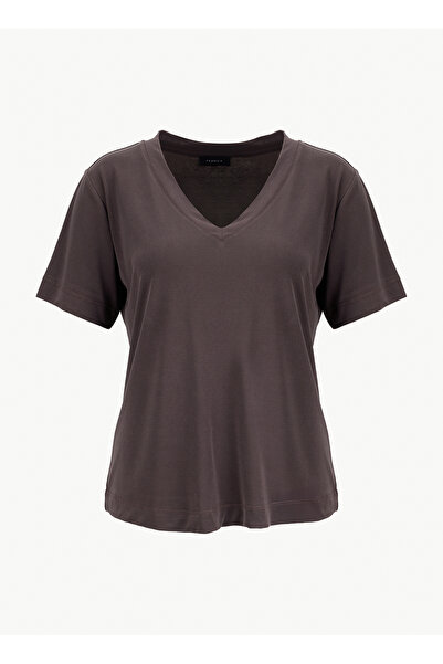 Fabrika V Yaka Düz Kahve Kadın T-Shirt F6SL-TST0175