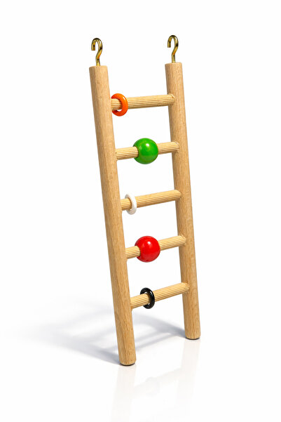 Papağanhane 5 Basamaklı Doğal Ahşap Kuş Merdiveni 22x7 cm Boncuklu Kafes Oyun...