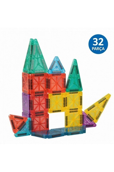 PURE & GLOW HOME Manyetik Yapı Blokları (Mini) - 32 Parça Renkli 3 Boyutlu Ma...
