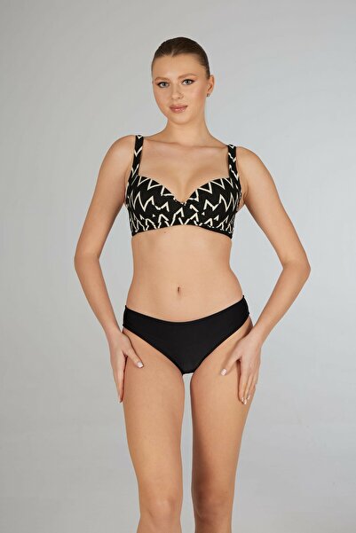 Estiva Women's Stripe Patterned Black Printed Covered Oversized Bikini Set