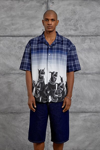 NOMARC Ναυτικό μπλε μπλουζάκι με ψηφιακή εκτύπωση σκύλου oversized