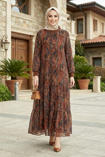 Hb Harma Time Butik Women's Lined Shawl Pattern Brown Chiffon Dress