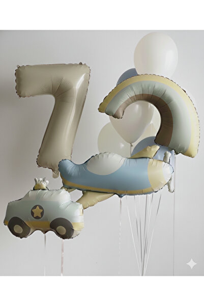 Çemrek Süs Parti Retro Boy's Birthday Concept Retro Car Rainbow Airplane Beig...