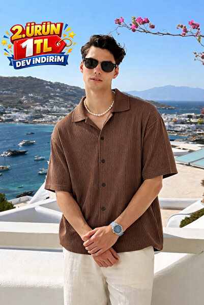 DAMGA JEANS Men's Summer Short Sleeve Coffee Linen Shirt