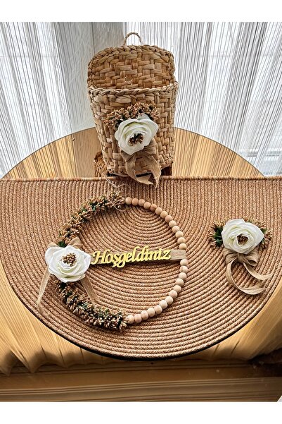 MACROMEKİDS Rustik 3’Lü Kapı Önü Seti - Cipso Detaylı Jüt Paspas, Ahşap Boncu...