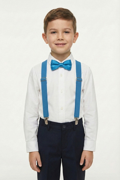 nacar çarşı Хлопчача біла сорочка з довгими рукавами, бірюзовий підтяжковий б...