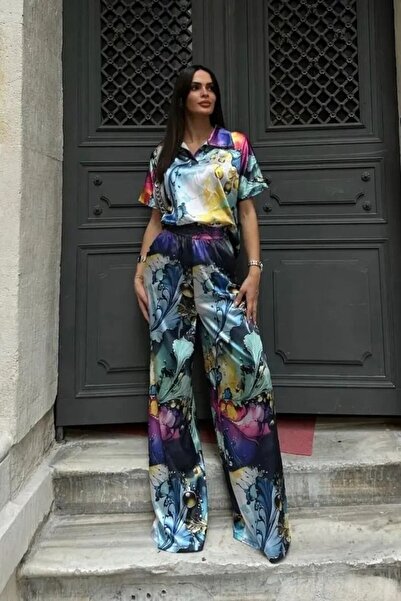 LAVRE Wide-Leg Patterned Satin Fabric Shirt and Trousers Set