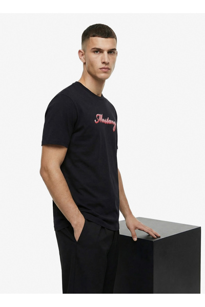 Mustang Bisiklet Yaka Baskılı Siyah Erkek T-Shirt M6SM-TST1593