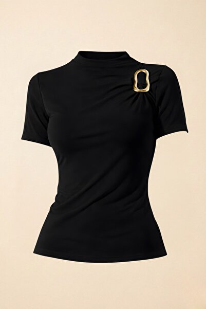 Potenza Γυναικείο μπλουζάκι κοντομάνικο χρυσό Με λεπτομέρεια αγκράφας Με σούρ...