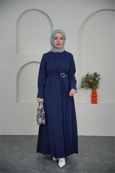 Neşeli Butik Women's Navy Blue Draped Gold Buckle Detail Hijab Dress Nbvq4958