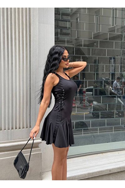 NEW JOURNAL Women's Black Eyelet Detailed Strap Ruffle Mini Dress Yel221710