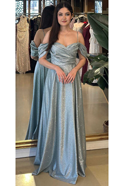 Abiyeniall Mint Simli Uzun Abiye Elbise 7633