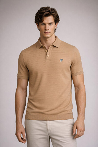 COMBİNE MİCHAİL Men's Striped Comfortable Brown Polo Neck T-Shirt