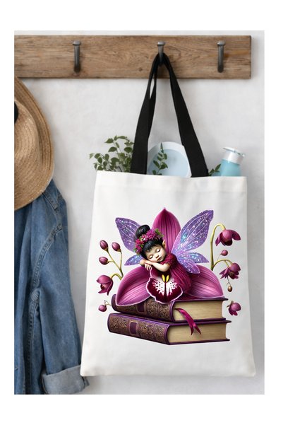 OEM Geantă Tote Bag Albă 40x36 cm –Zână cu Flori Orhidee