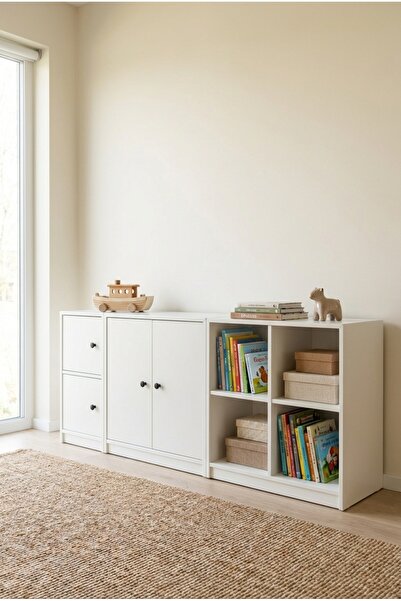 FOR WOMAN DESİGN Ahşap Çok Amaçlı Dolap 4 Bölmeli Modern Beyaz Antre ve Çocuk...