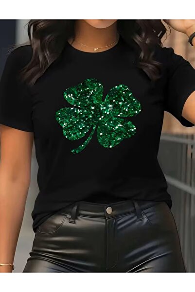 yombaa Bright Green Clover D Patterned Short Sleeve Round Neck T-Shirt for Women