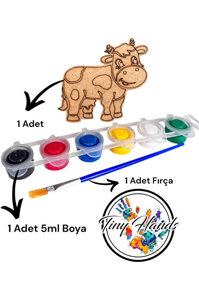 tiny hands Ahşap Boyama 1 Adet İnek Figürü Seti Kendin Boya Okul ve Atölye Etkinliği 1 Adet Fırça ve Boya MDF