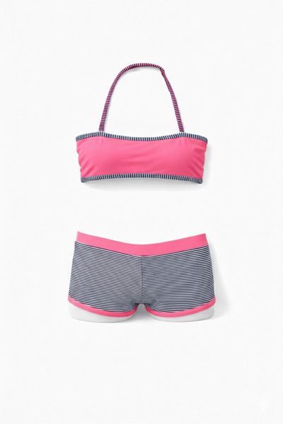 Yasmy Collection Kız Çocuk Açık Pembe Çizgili Şortlu 4-12 Yaş Straplez Bikini...
