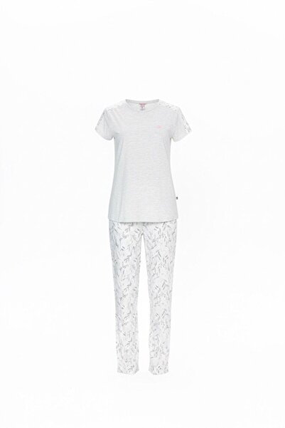 Bonnie Clyde Women's Patterned Crew Neck Short Sleeve Long Sweatpants Beige P...