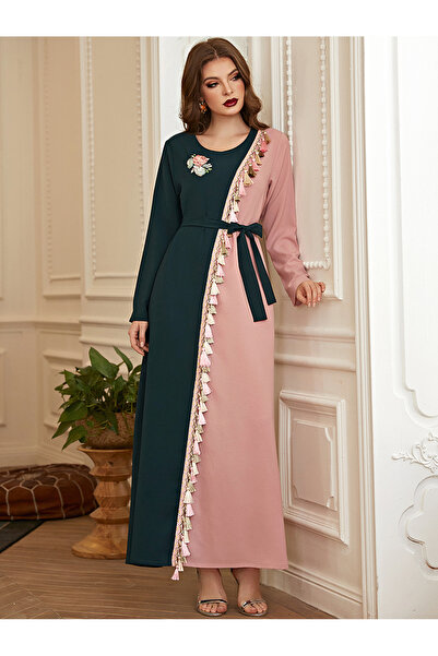 FridayIn Sweet Round neck Color contrast Applique Belt Tassel Regular sleeve ...