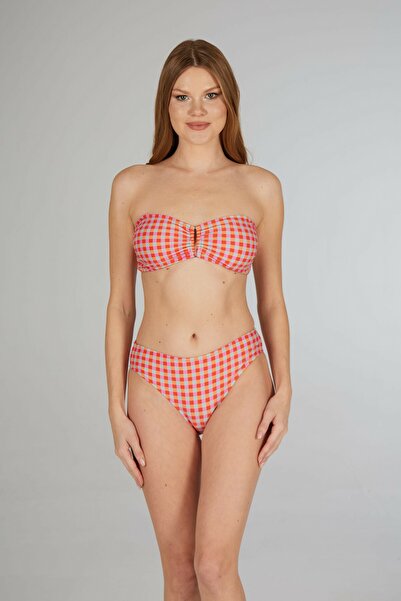 Estiva Women's Checked Red Buckled Strapless Bikini Set