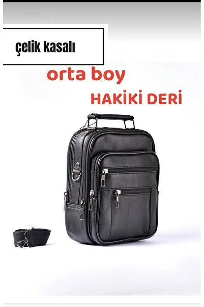 fourty five Erkek siyah Çelik kasalı hakiki deri el ve omuz çantası