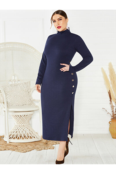 FridayIn Simplicity High collar Solid color Split fork Regular sleeve Plus Si...