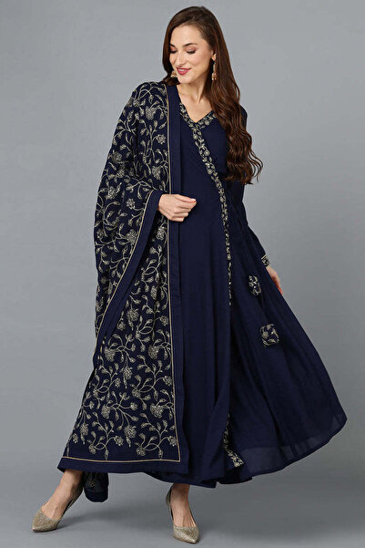 ZERE Prussian Blue Poly Georgette 3-Piece Anarkali Sets