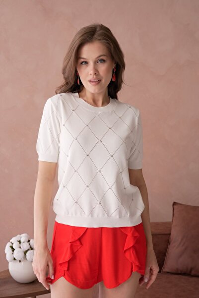 Noi Belis Stone Detailed Crew Neck Short Sleeve Knitwear Blouse Ss26Bz0032