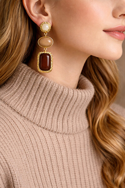 POYASE Altın Renk Dokulu Çerçeveli Çoklu Doğal Taşlı Sallantılı Küpe Krem Bej...